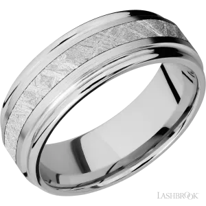 10K White Gold with Satin , Polish Finish and Meteorite Inlay - 8MM