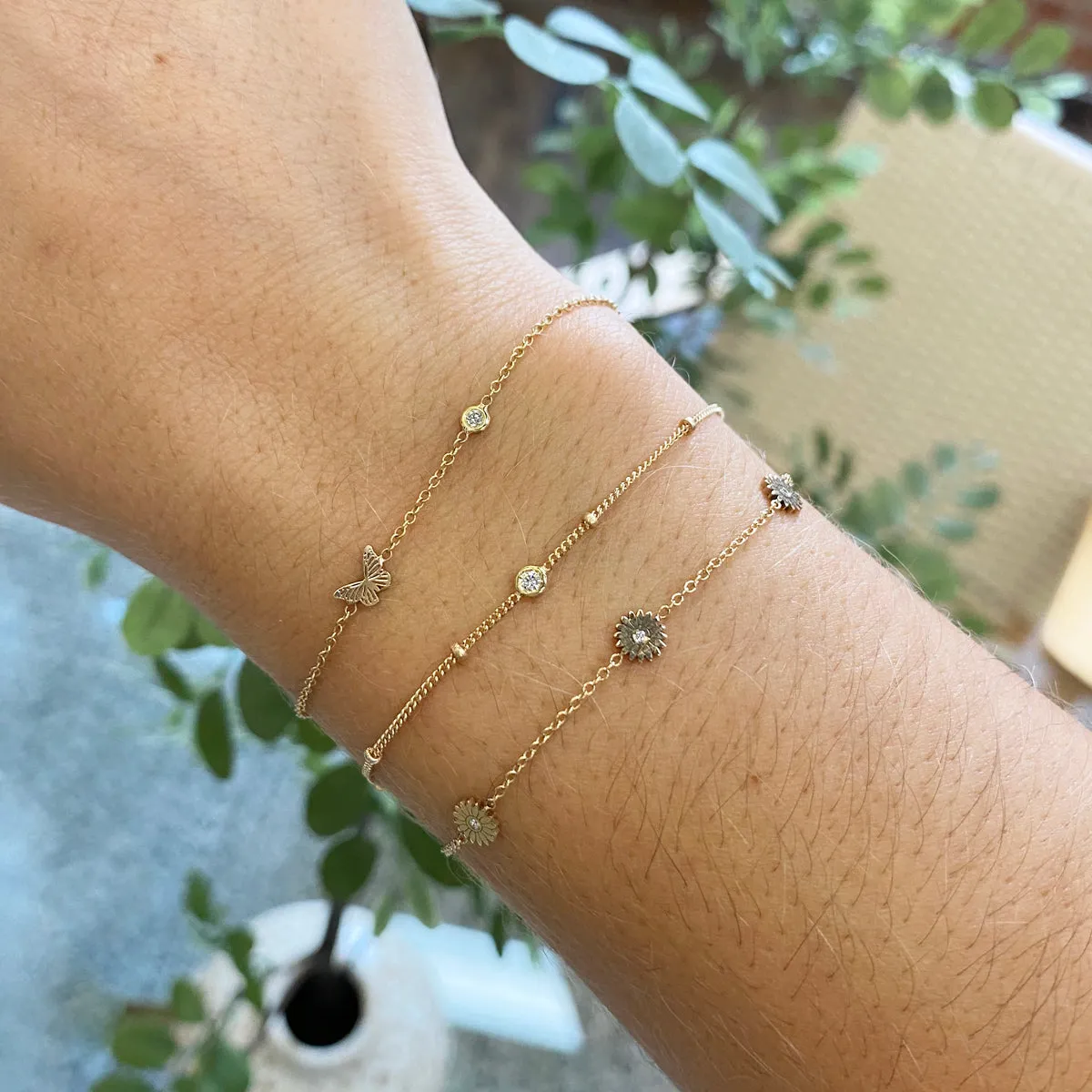 14k 3 Itty Bitty Diamond Flowers Bracelet