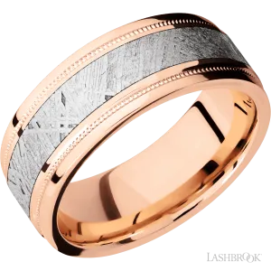 14K Rose Gold with Polish , Polish Finish and Meteorite Inlay Flat Stepped Edges- 8MM