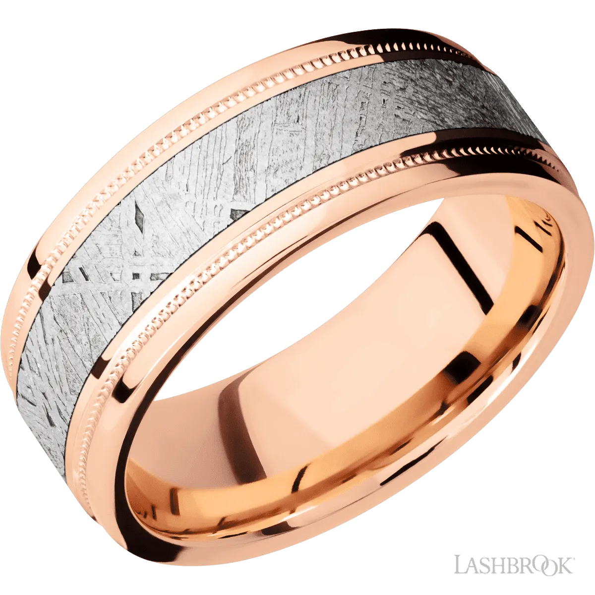 14K Rose Gold with Polish , Polish Finish and Meteorite Inlay Flat Stepped Edges- 8MM