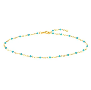 14K Yellow Gold 2mm Light Turquoise Enamel Bead on Piatto Chain Anklet Adjustable with Spring Ring Clasp, 10 inch Anklet