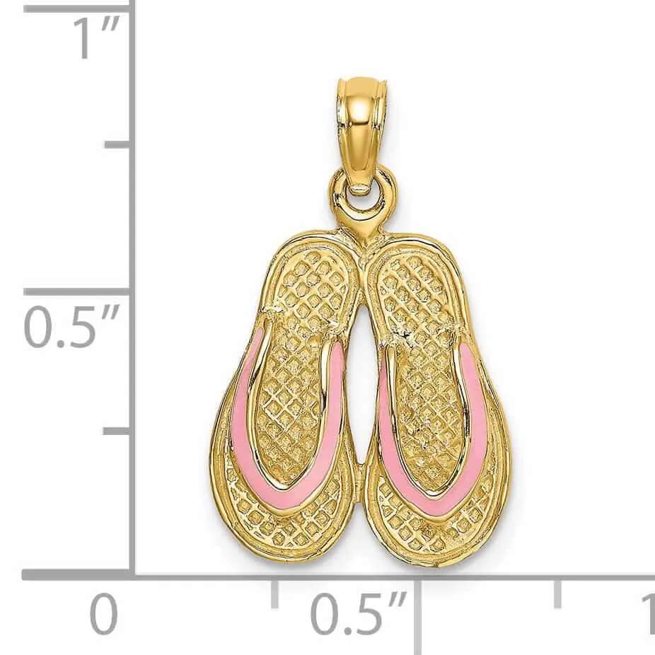 14k  Yellow Gold 3-Dimensional Polished Pink Color Enamel Finish Double Flip-Flop Sandal Charm Pendant