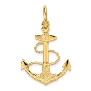 14K Yellow Gold 3-Dimensional Polished Textured Finish Anchor with Rope and Shackle Bail Charm Pendant