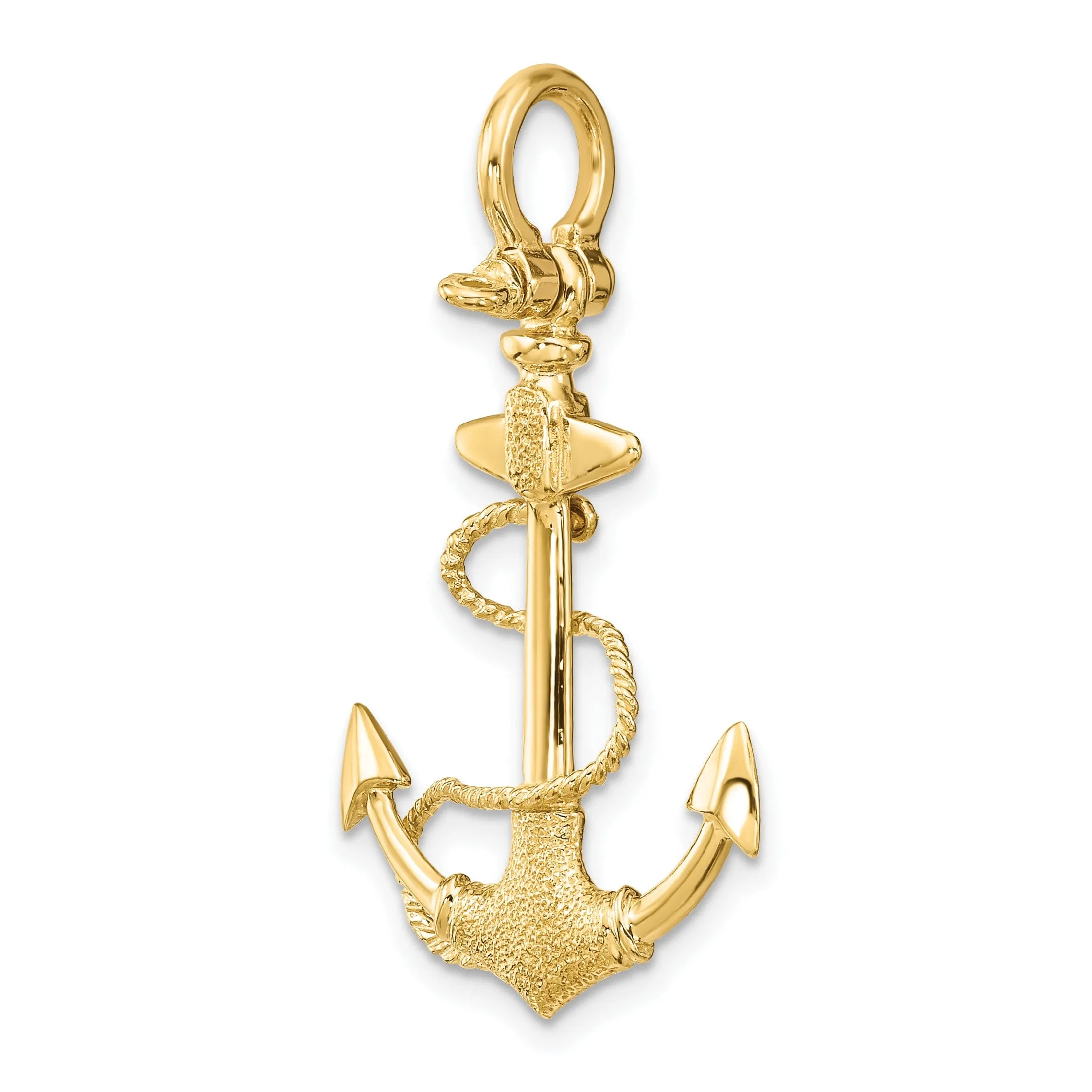 14K Yellow Gold 3-Dimensional Polished Textured Finish Anchor with Rope and Shackle Bail Charm Pendant