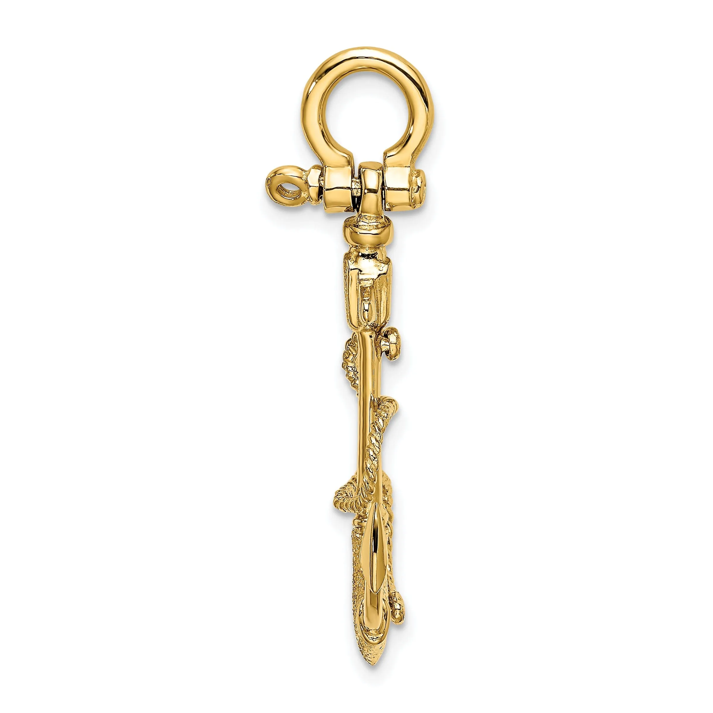 14K Yellow Gold 3-Dimensional Polished Textured Finish Anchor with Rope and Shackle Bail Charm Pendant