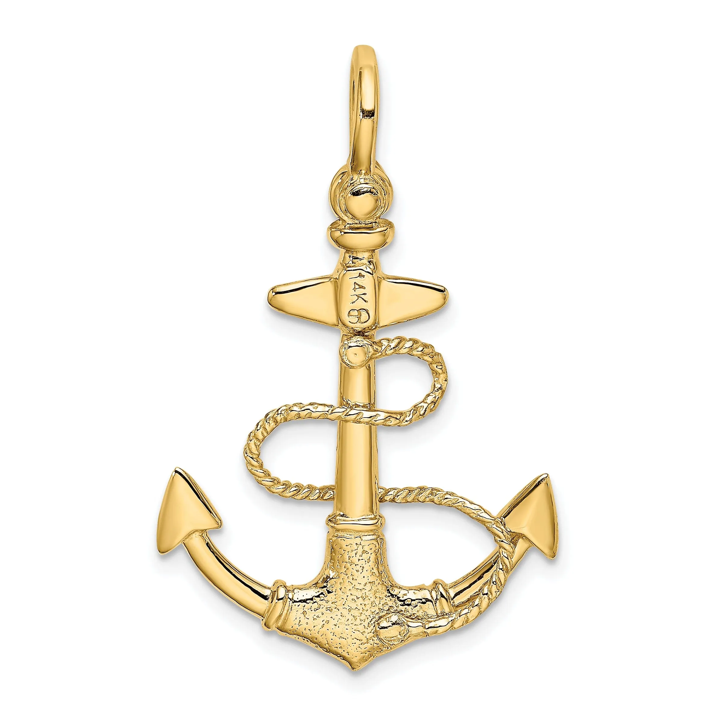 14K Yellow Gold 3-Dimensional Polished Textured Finish Anchor with Rope and Shackle Bail Charm Pendant