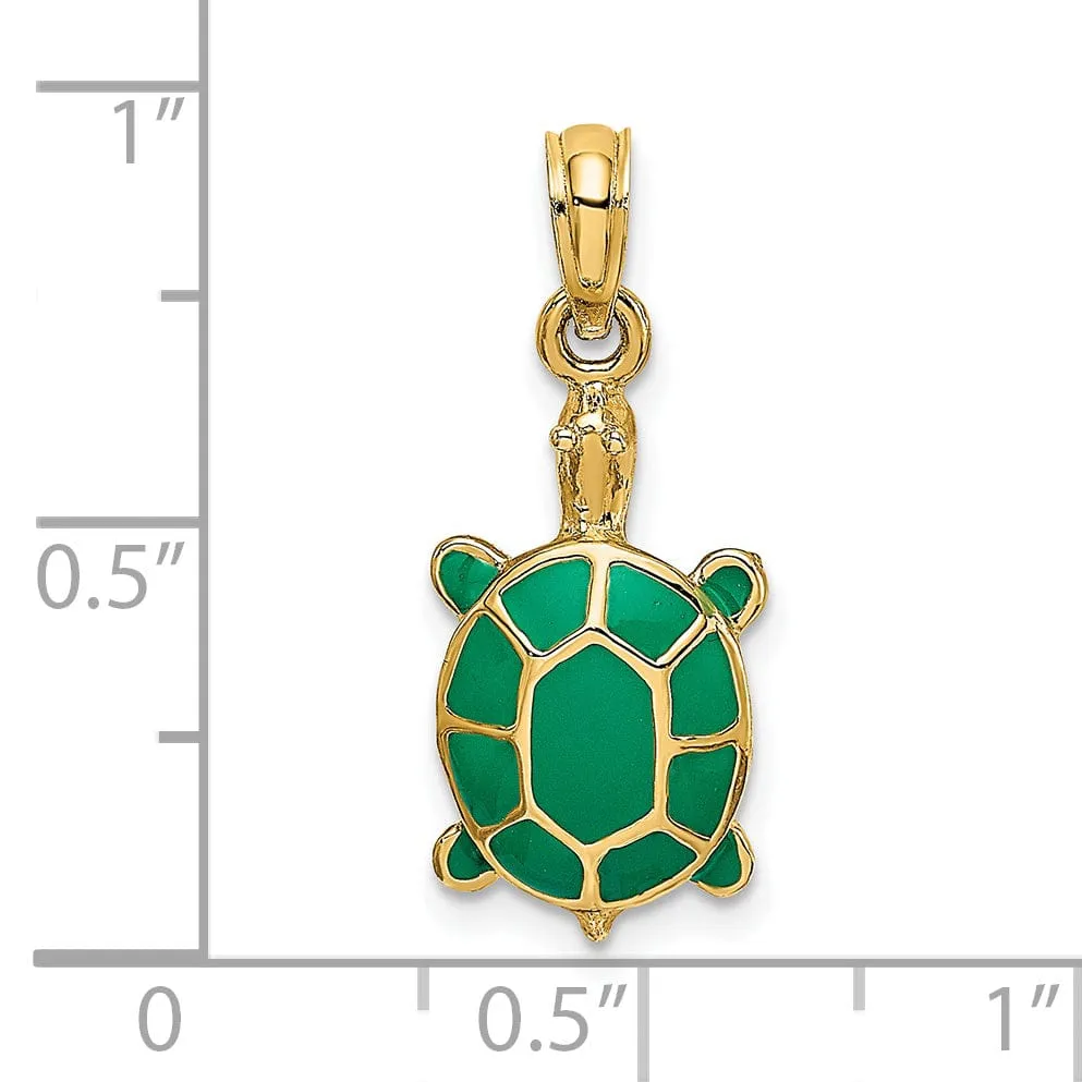 14k Yellow Gold Casted Solid Polished Finish Green Enamel Tortoise Charm Pendant