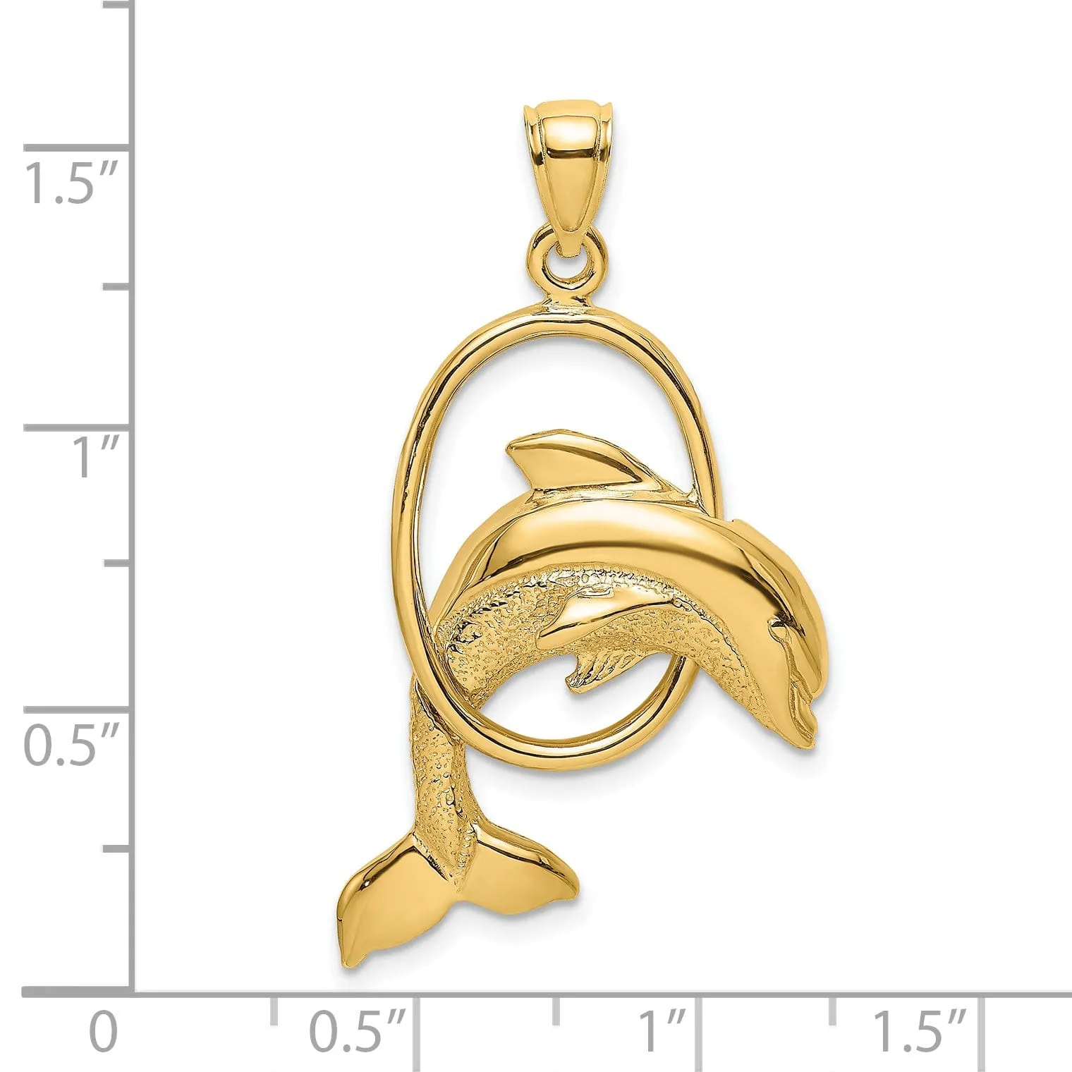 14K Yellow Gold Polished Textured Finish Dolphin Jumping Through Hoop Charm Pendant