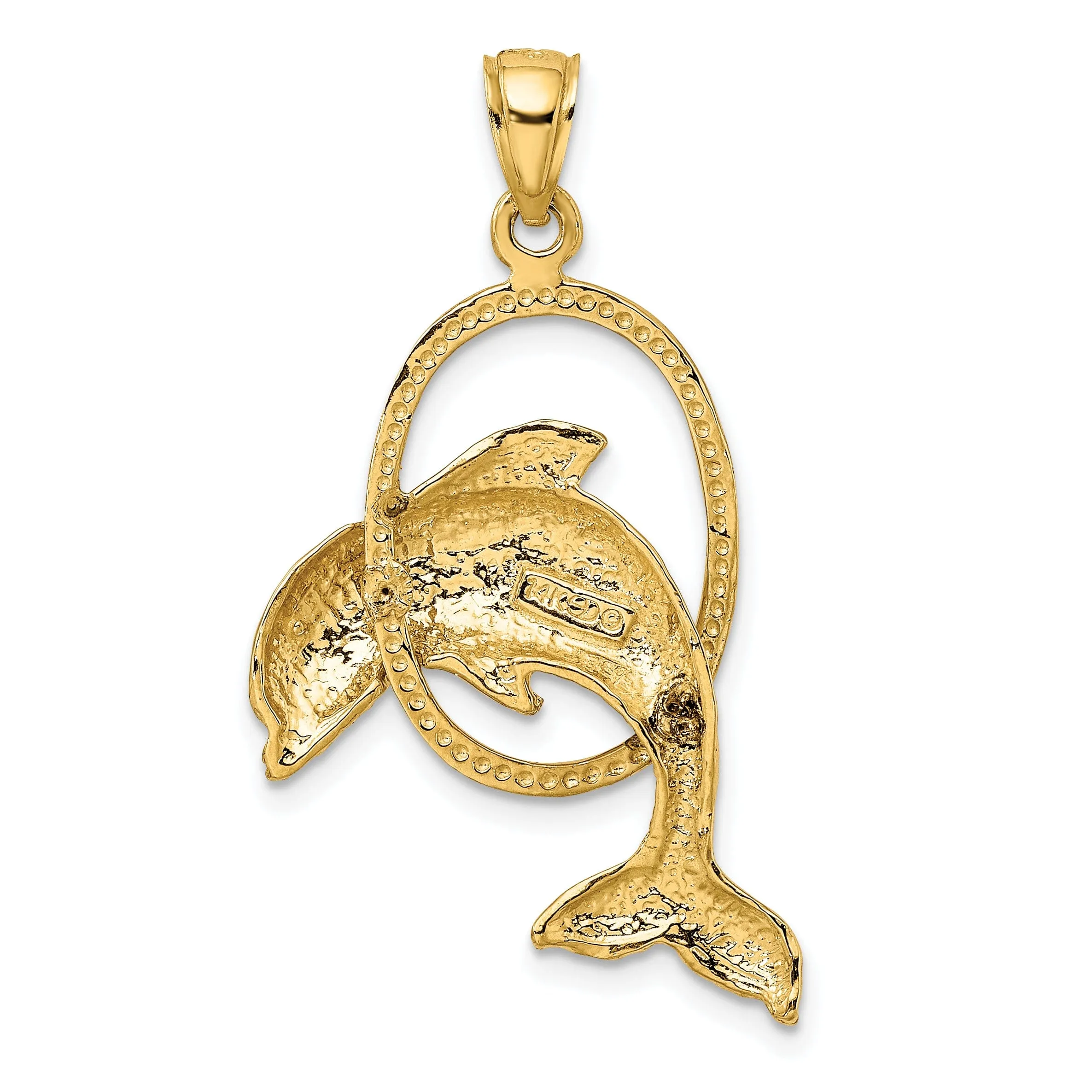 14K Yellow Gold Polished Textured Finish Dolphin Jumping Through Hoop Charm Pendant