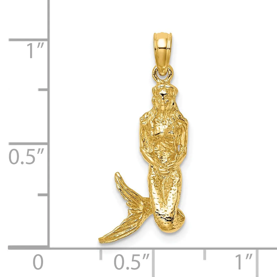 14K Yellow Gold Textured Polished Finish 3-Dimensional Mermaid Charm Pendant