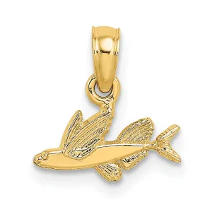 14K Yellow Gold Textured Polished Finish Mini Size Flying Fish Charm Pendant