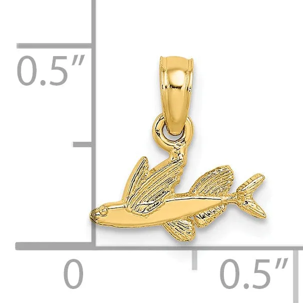 14K Yellow Gold Textured Polished Finish Mini Size Flying Fish Charm Pendant