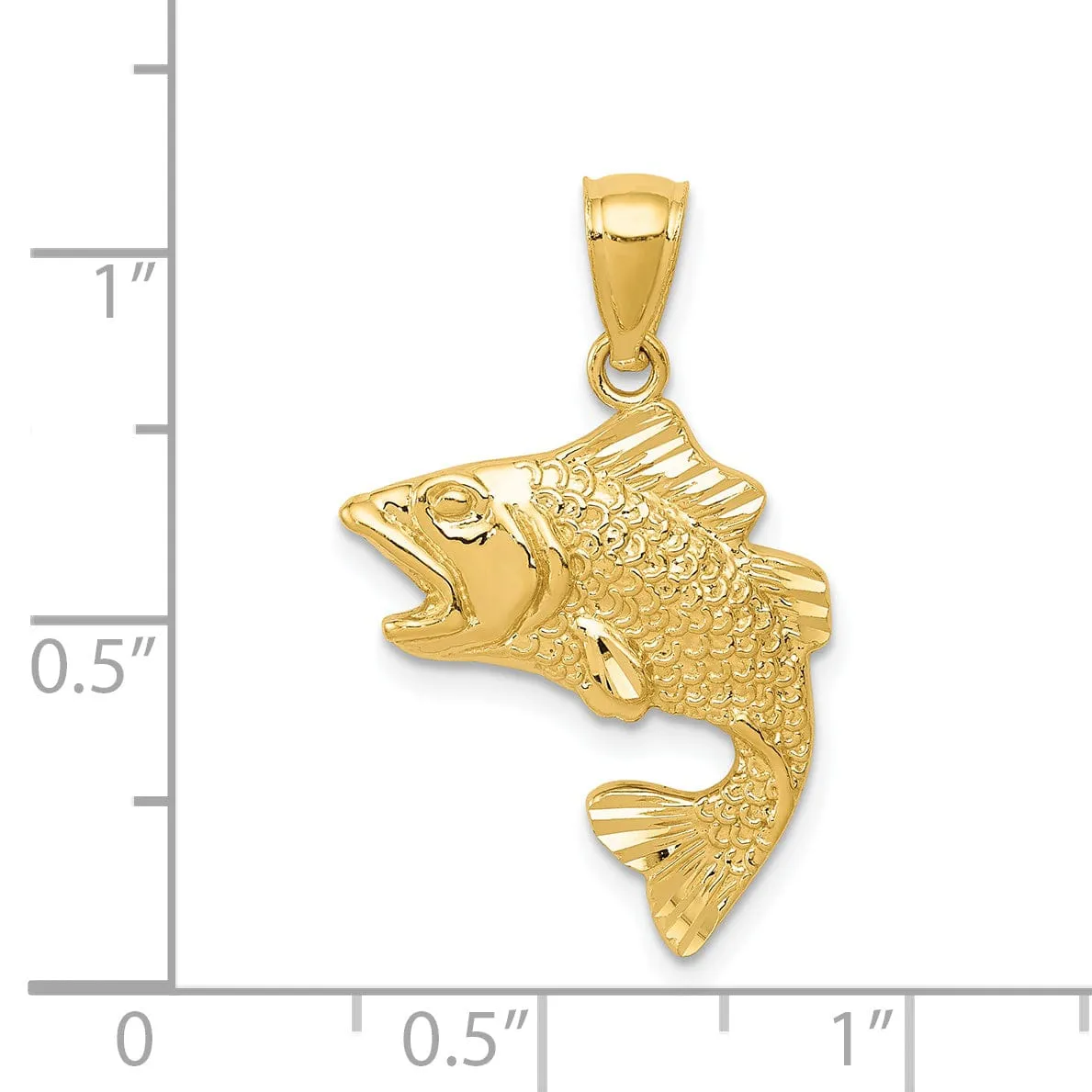 14k Yellow Gold Textured Polished Solid Finish Open Mouthed Bass Fish Charm Pendant