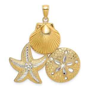 14k Yellow Gold White Rhodium Diamond Cut Polished Finish Scallop Starfish Sand Dollar Design Charm Pendant