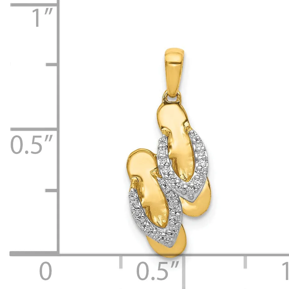 14k Yellow Gold, White Rhodium Polished Finish 0.088-ctw Diamond Two Flip Flop Beach Sandle Charm Pendant