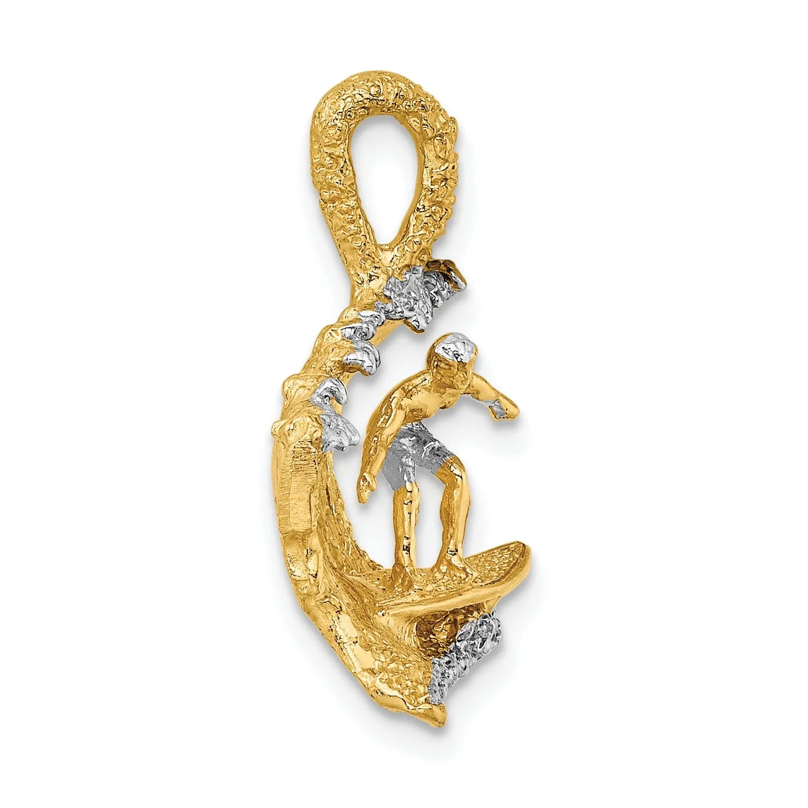 14K Yellow Gold, White Rhodium Polished Texture Finish 3-Dimensional Surfer In Wave Design Charm Pendant