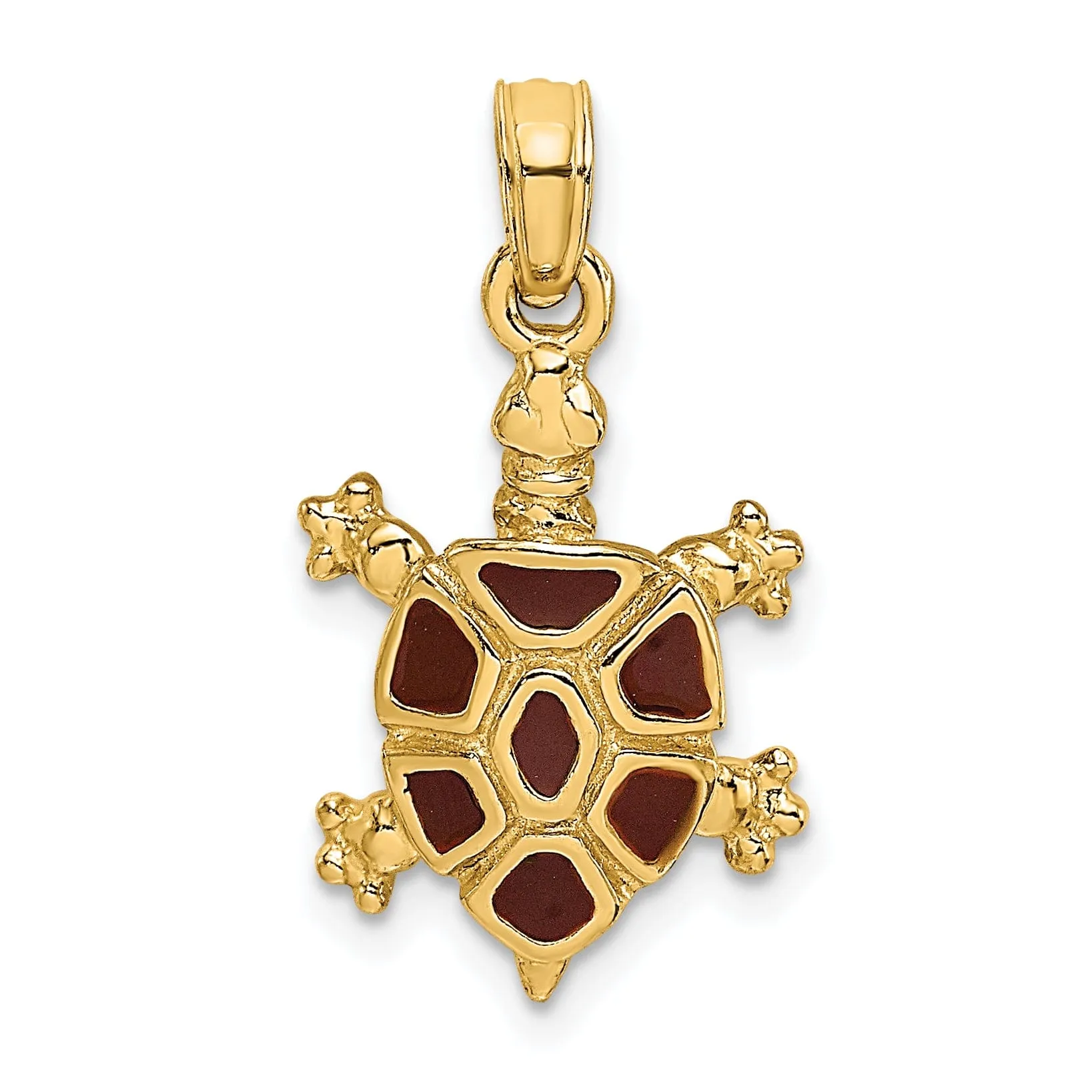 14k Yellow Gold with Brown Enamel Open Back Solid Casted Polished Finish Land Turtle Charm Pendant