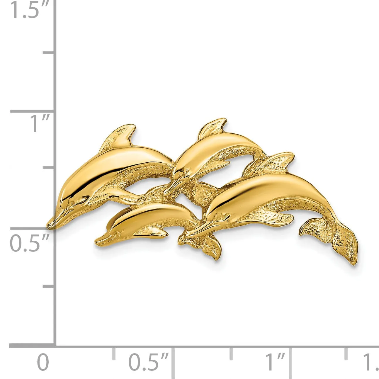 14k Yellow Golod Texture Polished Finish 4- Dolphins Swimming Design Slide Pendant. Fits up to 6mm Omega