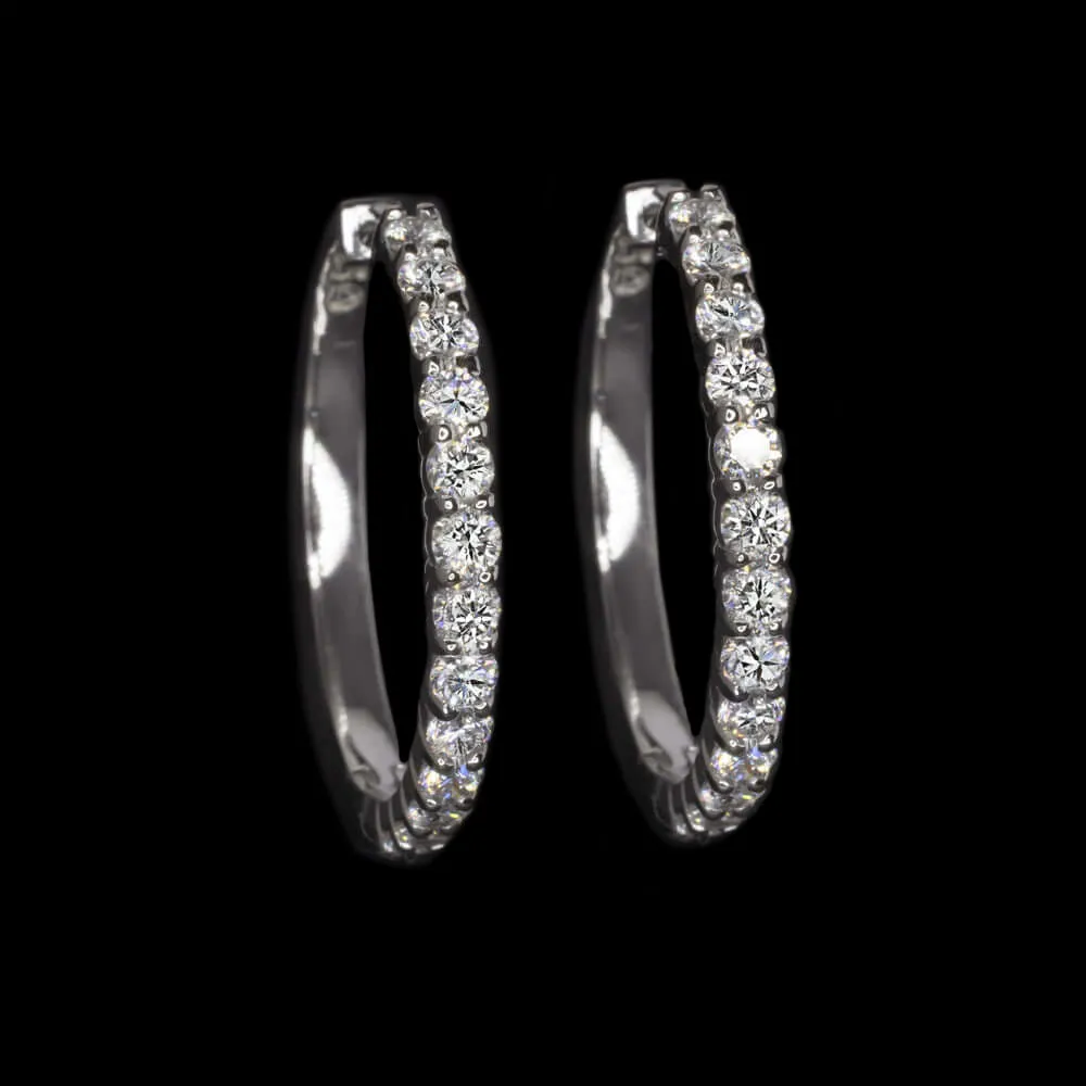 1.60ct NATURAL DIAMOND HOOP EARRINGS 25mm 14k WHITE GOLD CLASSIC ROUND SIMPLE