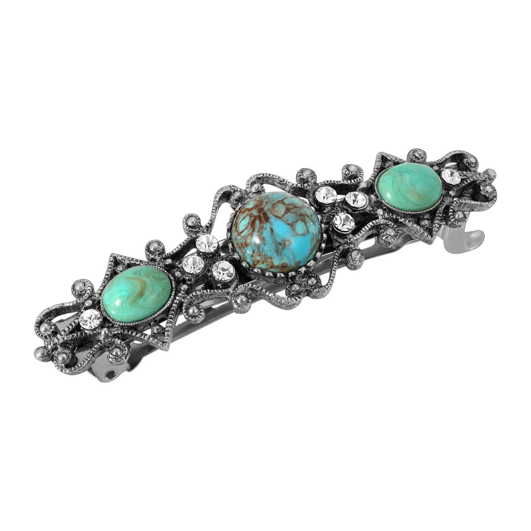 1928 Jewelry Turquoise Color Stones Crystal Hair Barrette