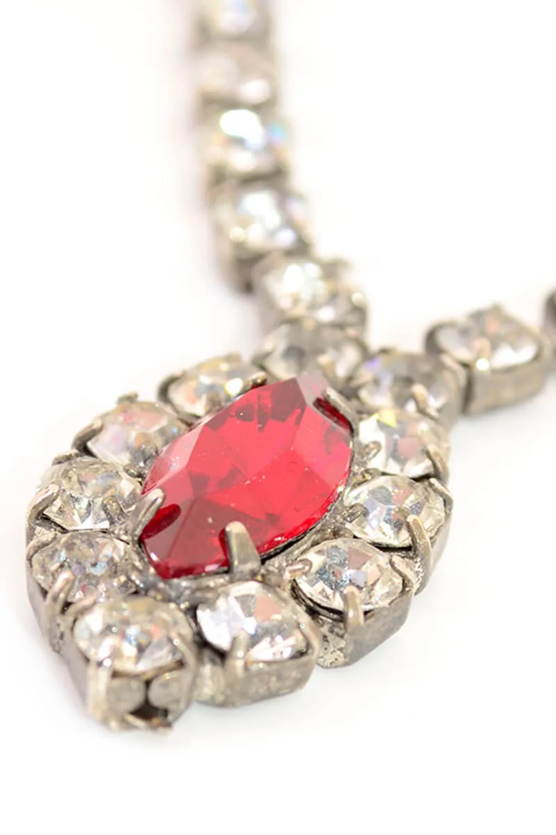 1960s Rhinestone Necklace w/ Red Center Gemstone