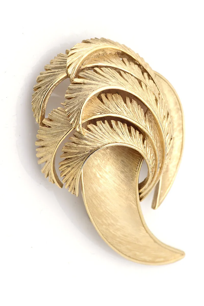 1962 Trifari Crown Vintage Gold Abstract Feather Brooch