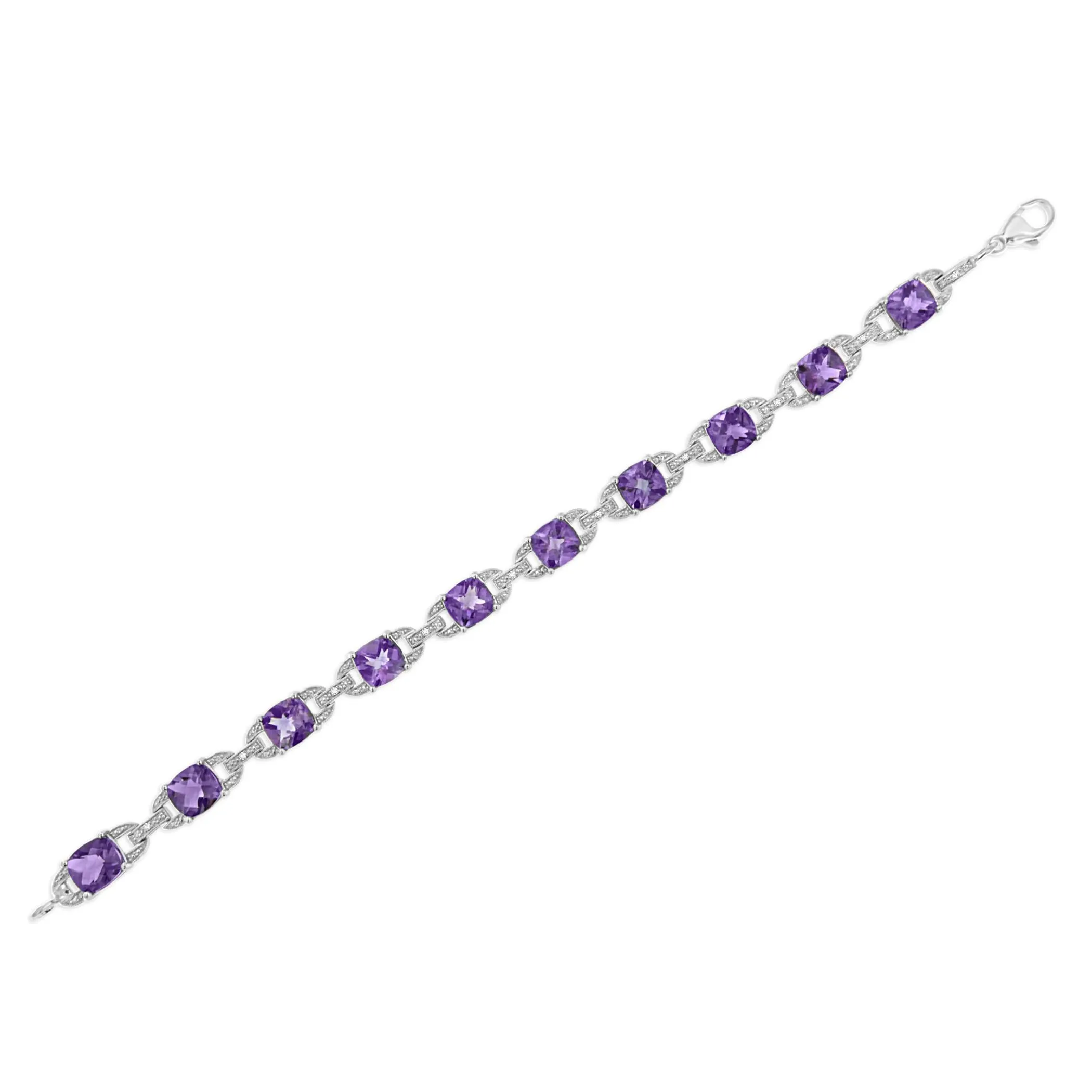 .925 Sterling Silver 7mm Cushion Cut Amethyst Gemstone and Diamond Tennis Link Bracelet (I-J Color, I1-I2 Clarity) - Size 7"