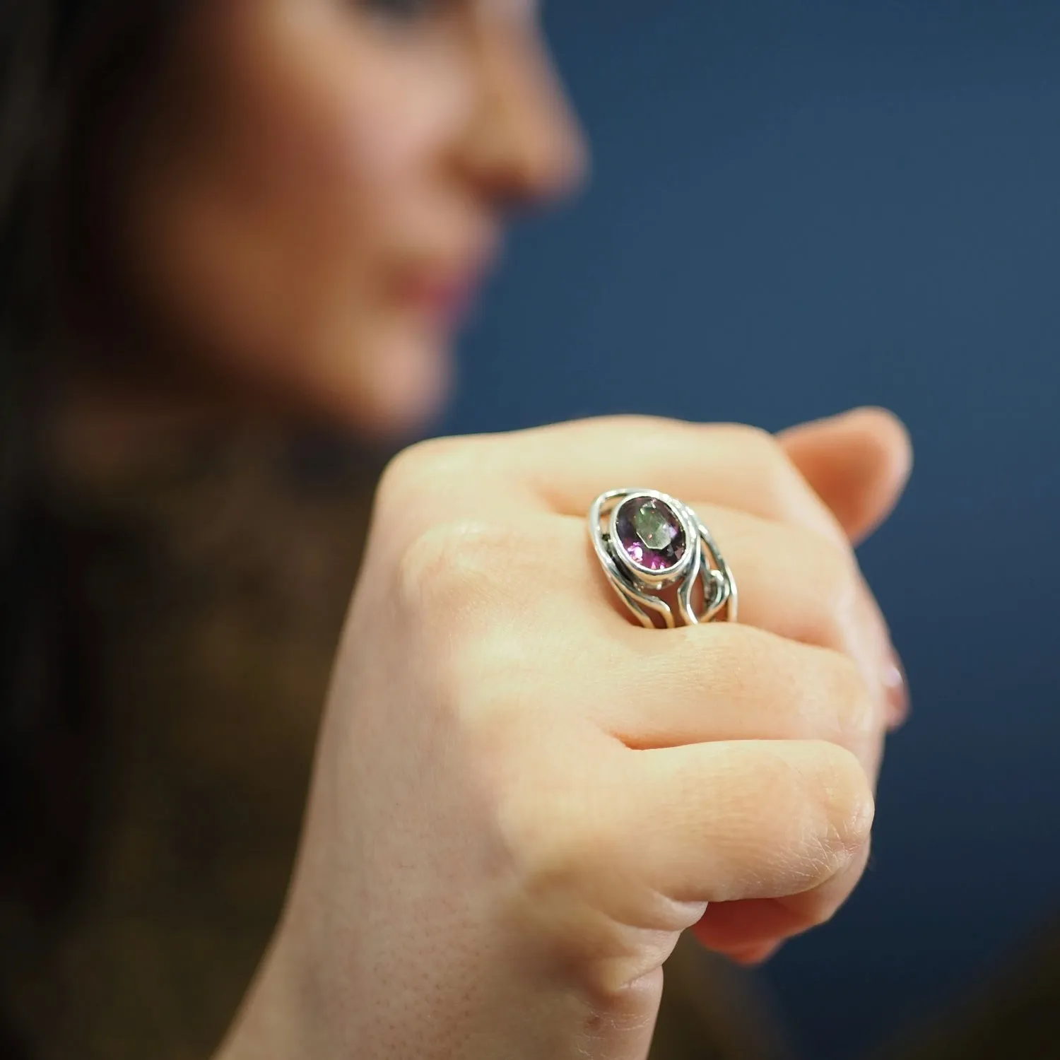 Adjustable Fossil Ring in silver & various gemstones