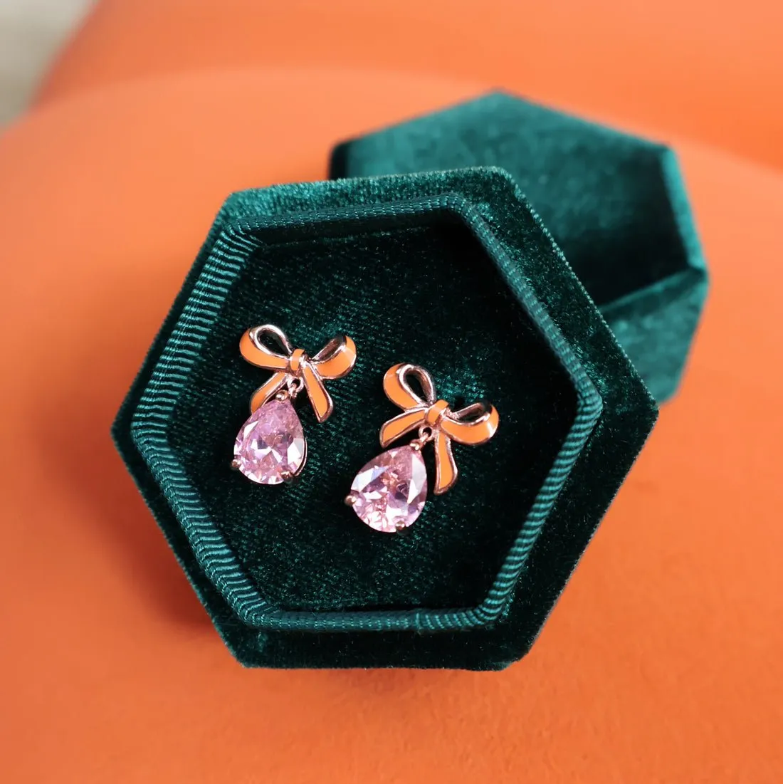 Amelia Bow Studs Coral Enamel, Pink CZ Teardrop Rose Gold