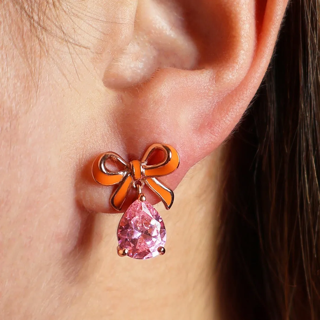 Amelia Bow Studs Coral Enamel, Pink CZ Teardrop Rose Gold