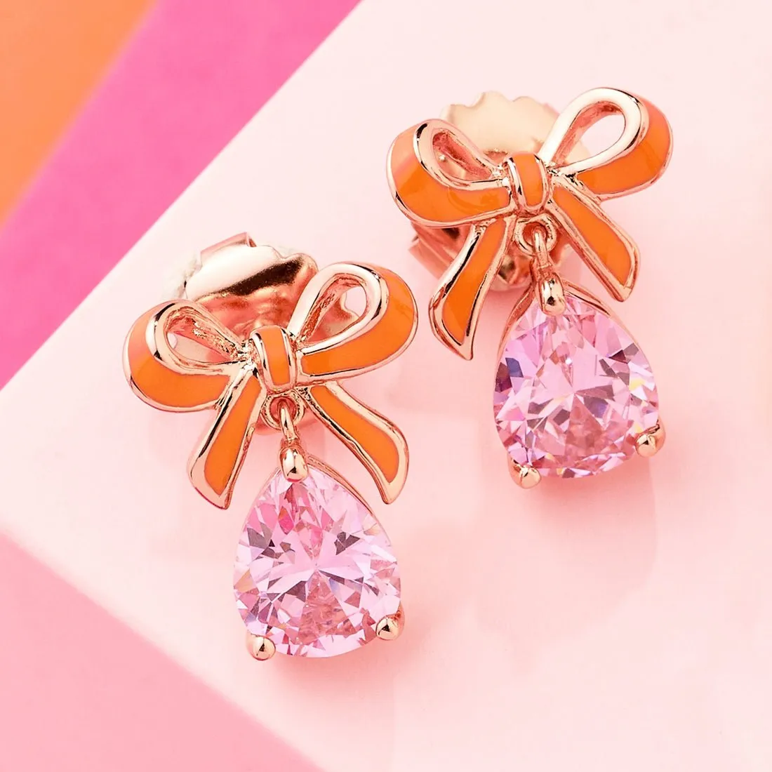 Amelia Bow Studs Coral Enamel, Pink CZ Teardrop Rose Gold