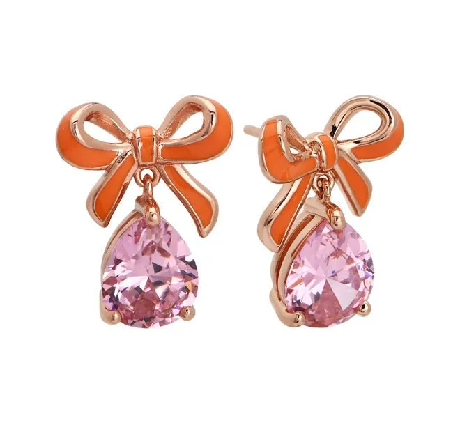 Amelia Bow Studs Coral Enamel, Pink CZ Teardrop Rose Gold