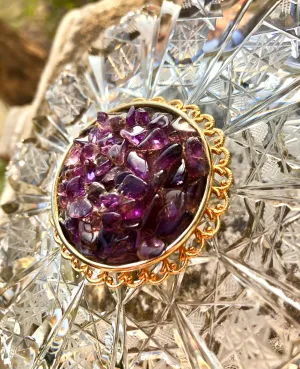 Antique Amethyst Purple Gem Stone Vintage Brooch Large Pin