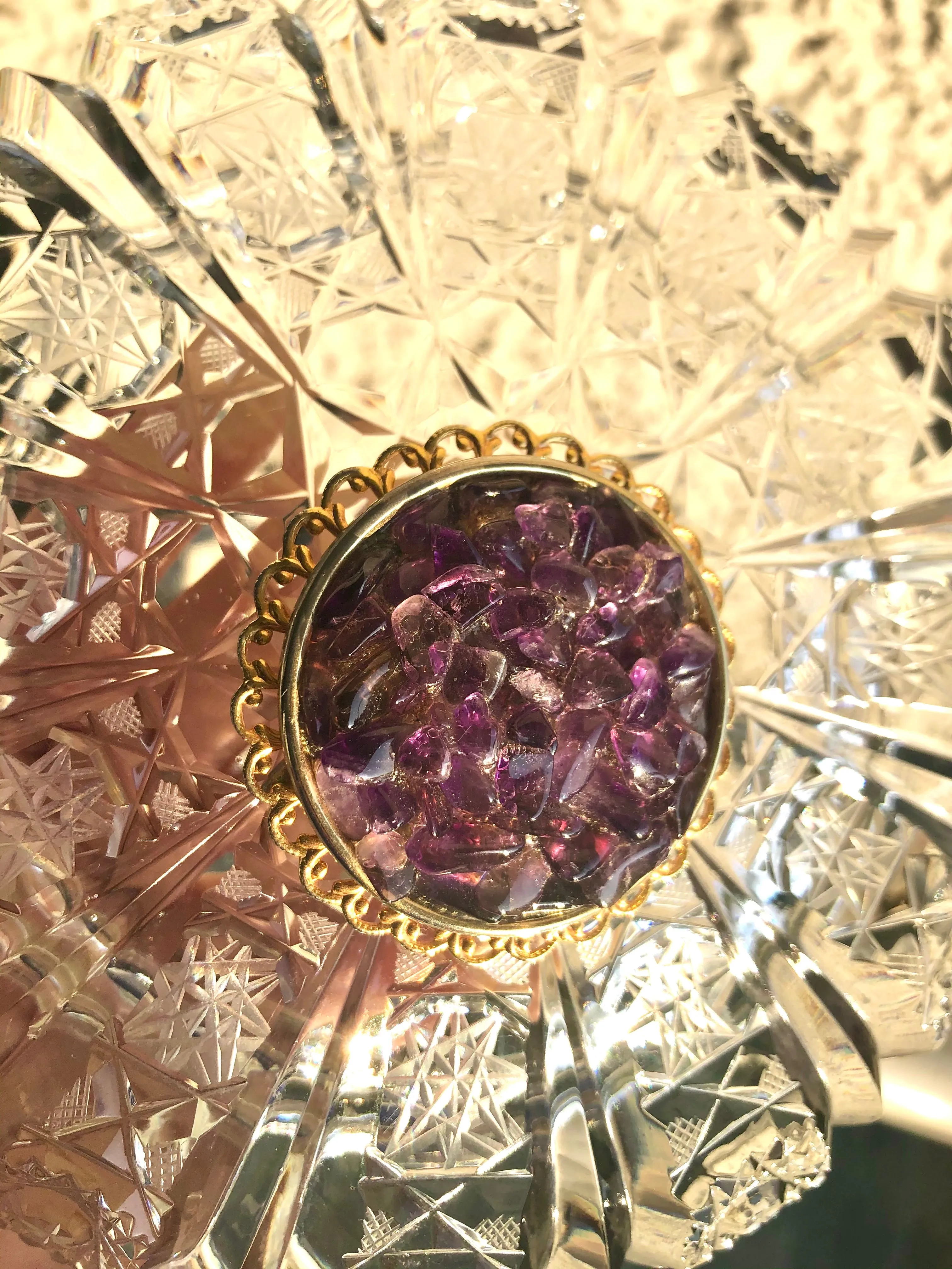 Antique Amethyst Purple Gem Stone Vintage Brooch Large Pin