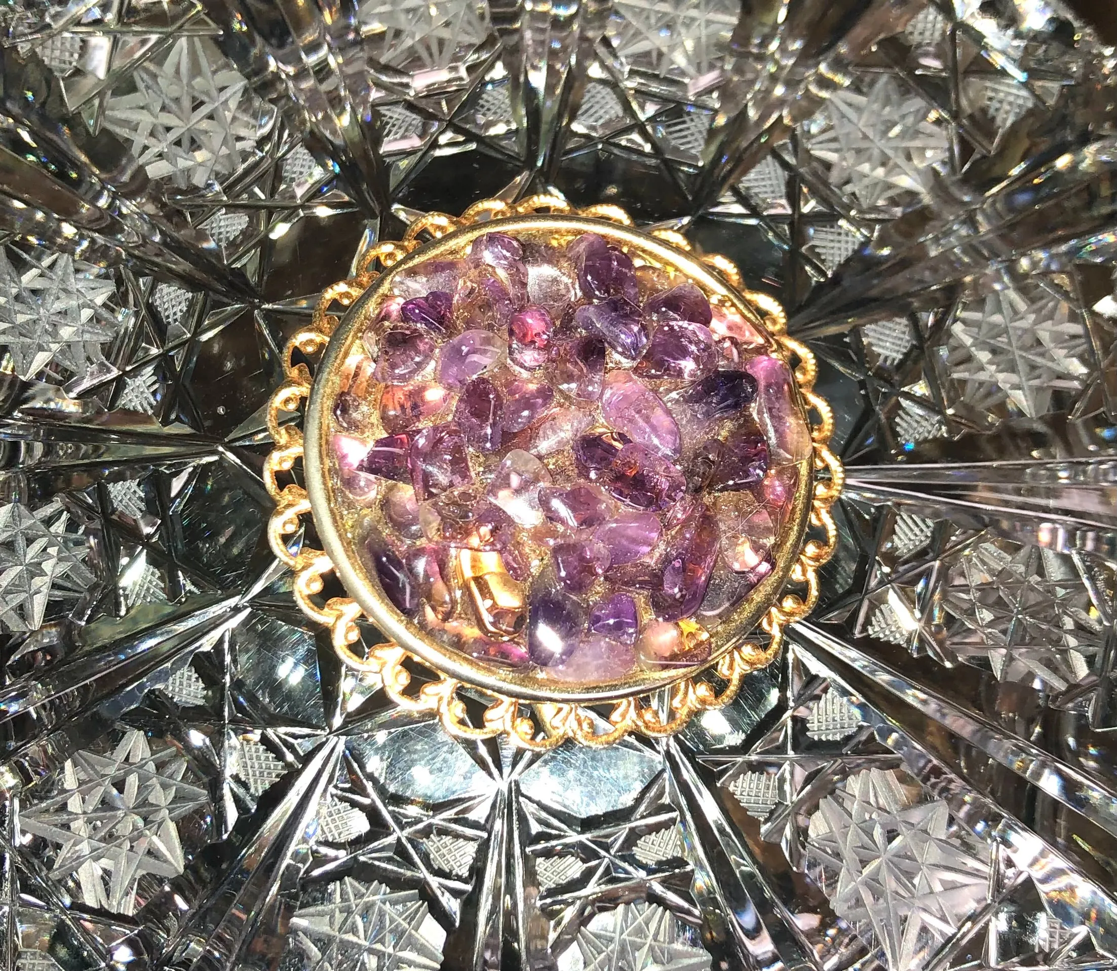 Antique Amethyst Purple Gem Stone Vintage Brooch Large Pin