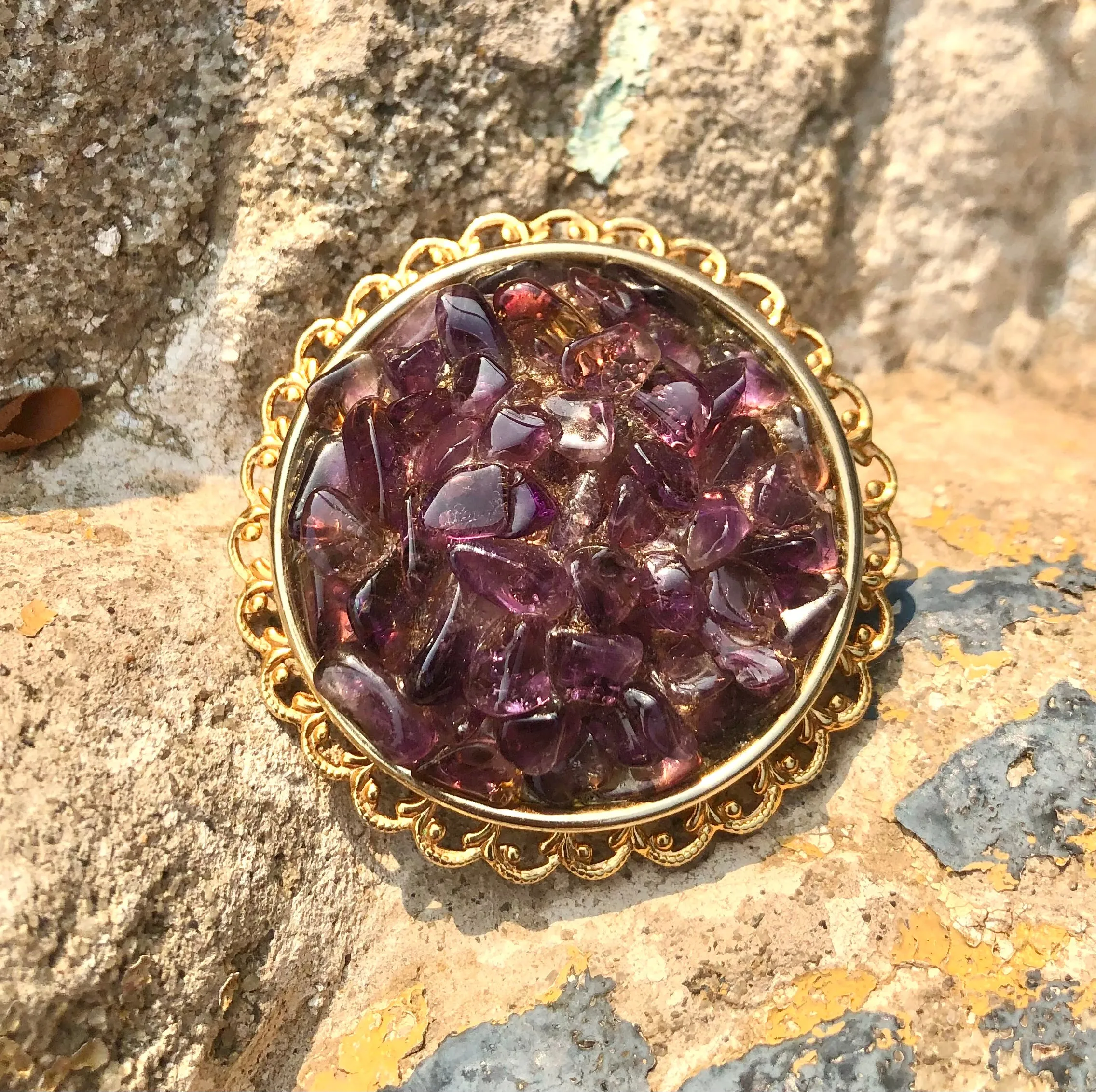 Antique Amethyst Purple Gem Stone Vintage Brooch Large Pin