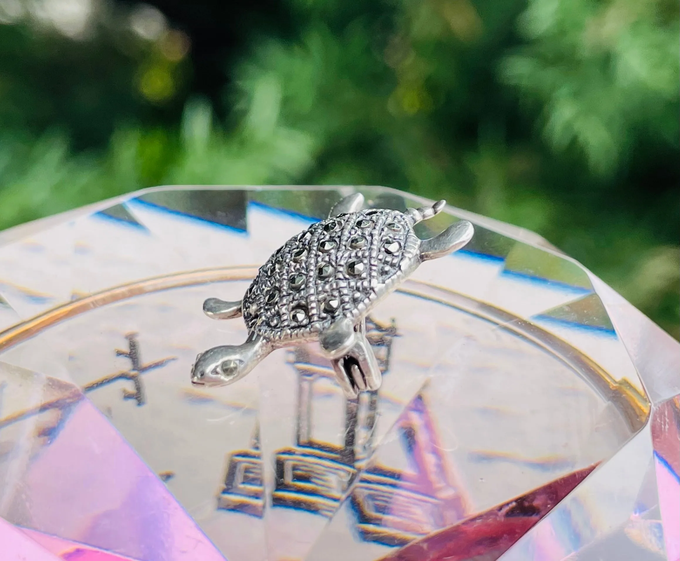 Art Deco Sterling Silver Signed 925 Marcasite Stone Cute Turtle Brooch Pin 3.4g