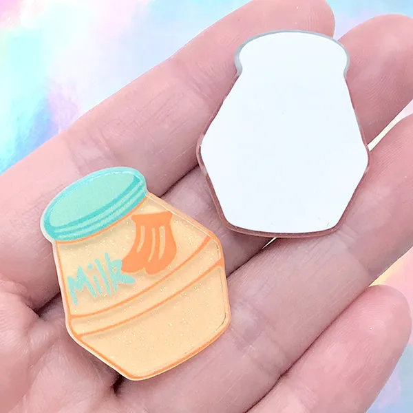 Banana Milk Acrylic Embellishments | Glittery Decoden Cabochon | Cute Hair Bow Centre | Kawaii Scrapbook (2 pcs / 25mm x 30mm)