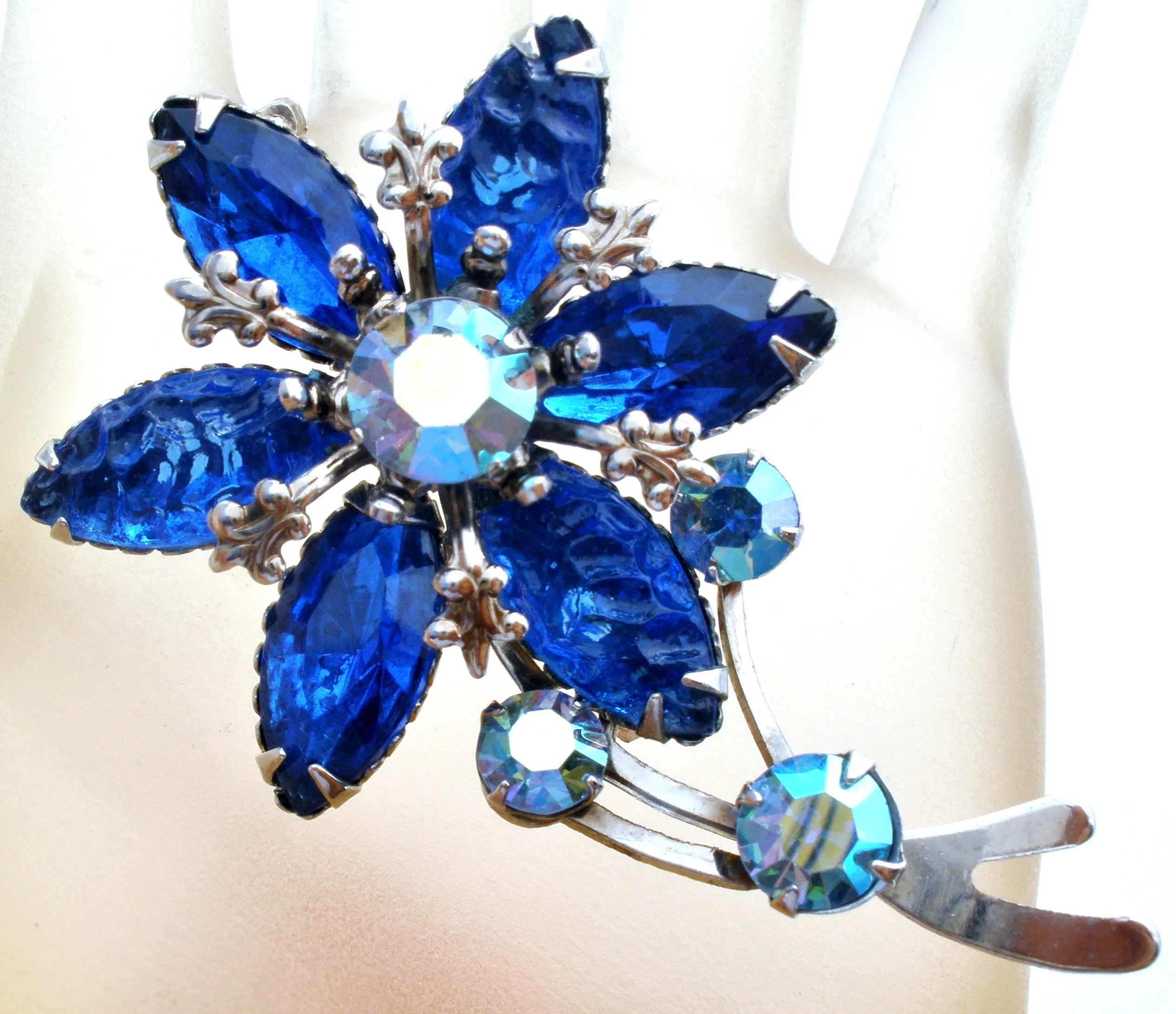 Blue Rhinestone Flower Brooch Pin Vintage