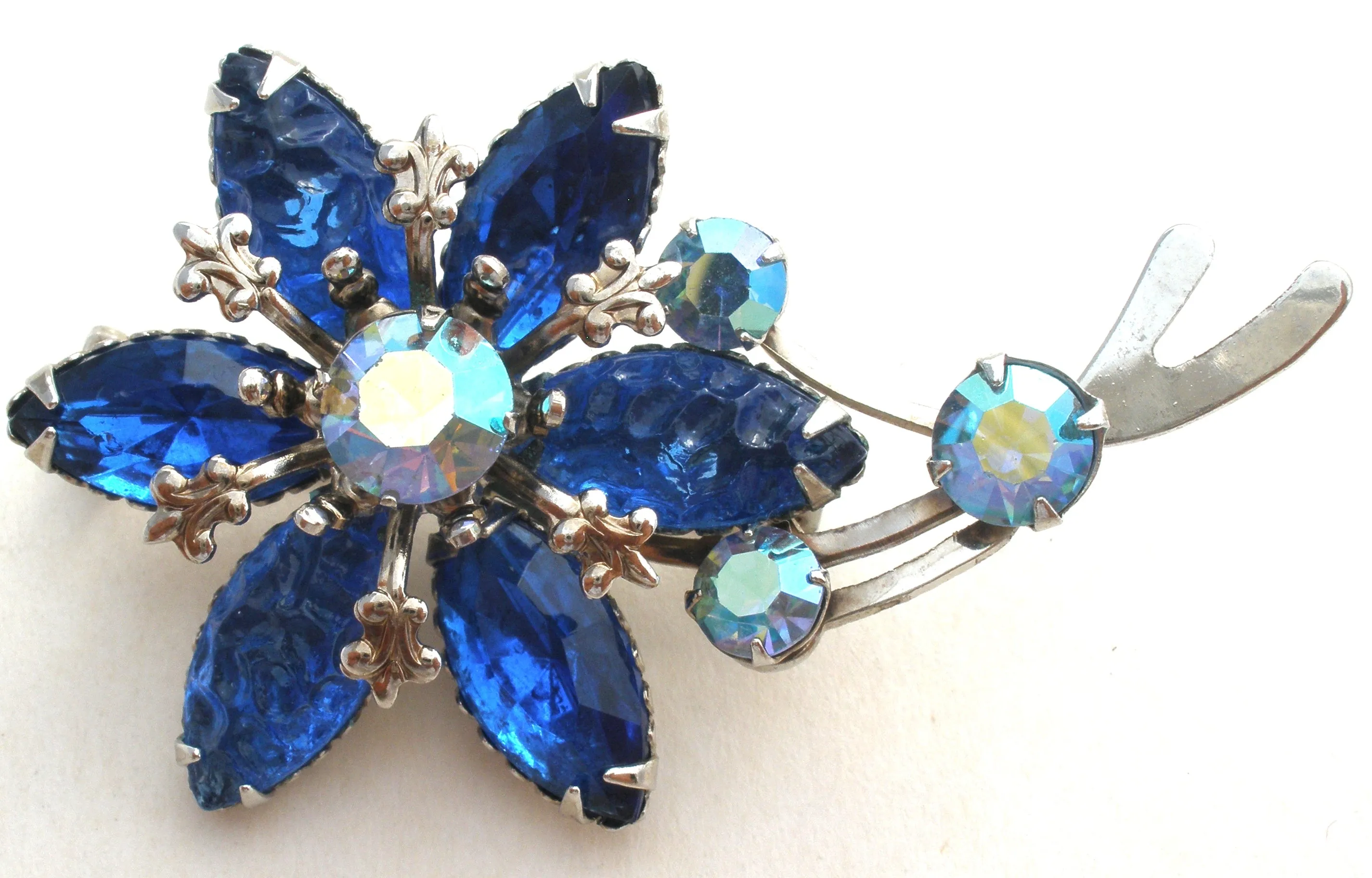 Blue Rhinestone Flower Brooch Pin Vintage