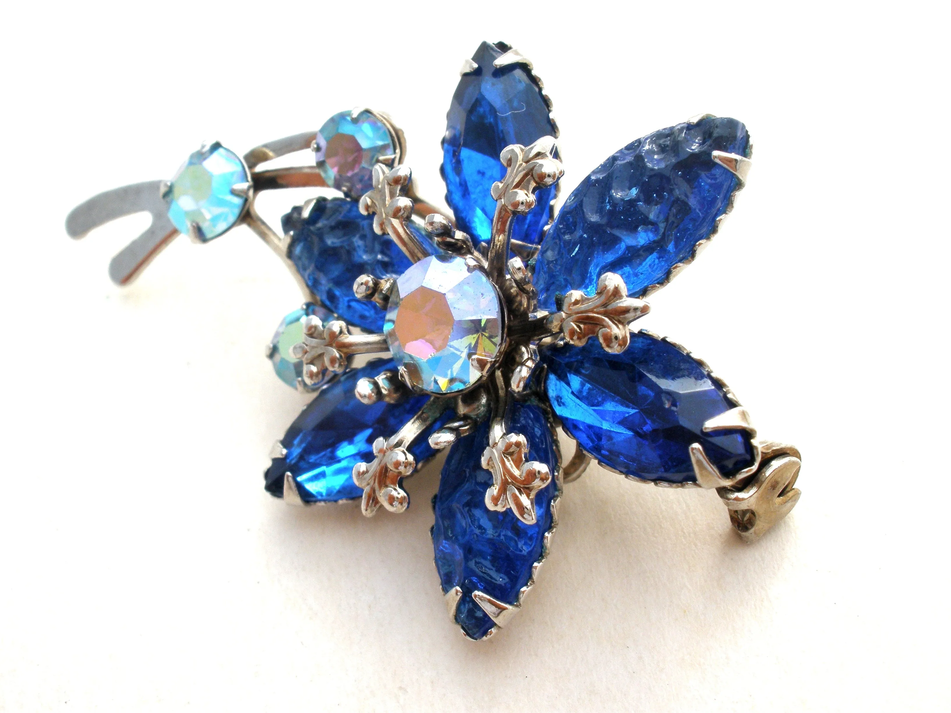 Blue Rhinestone Flower Brooch Pin Vintage