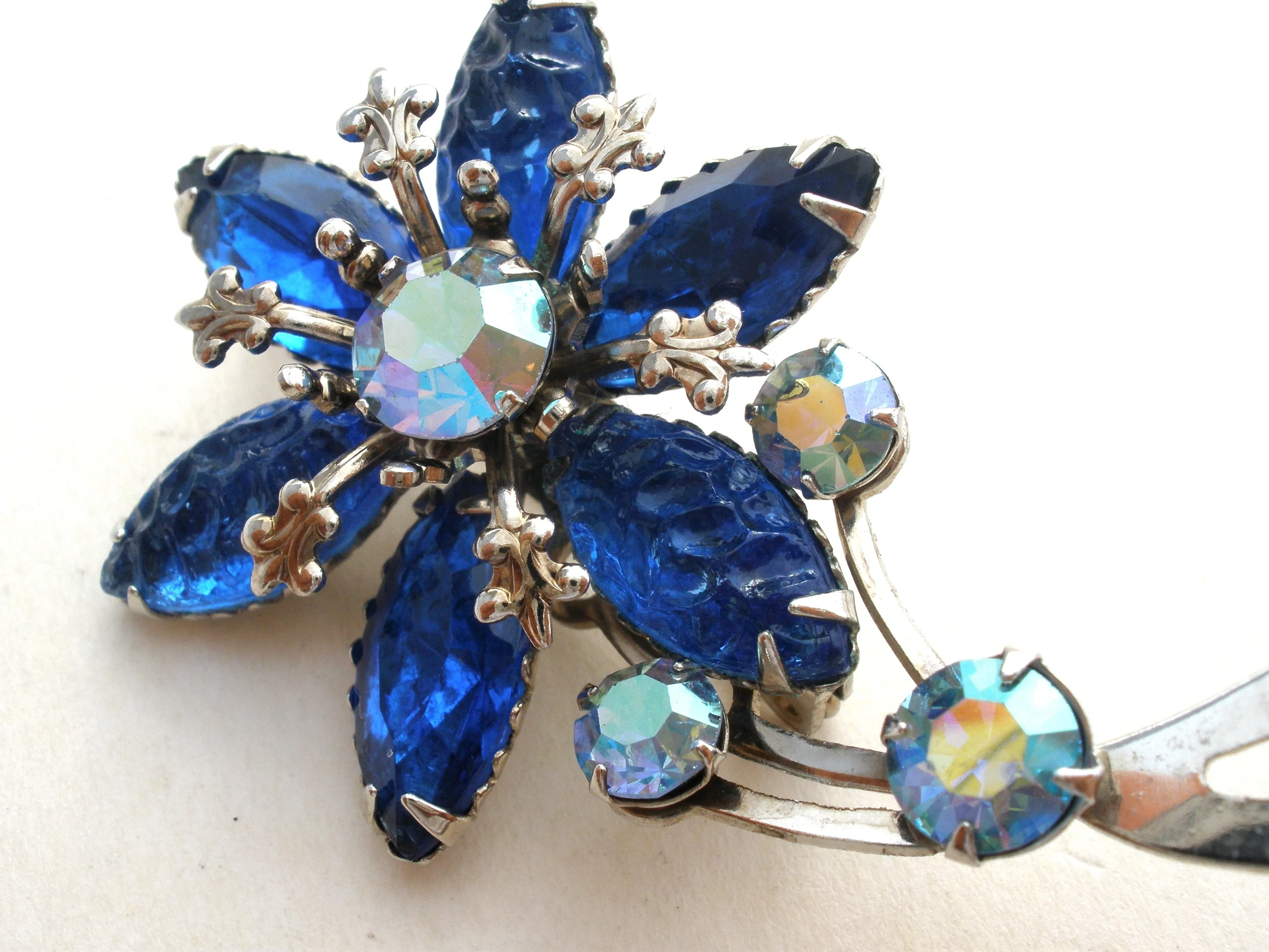 Blue Rhinestone Flower Brooch Pin Vintage