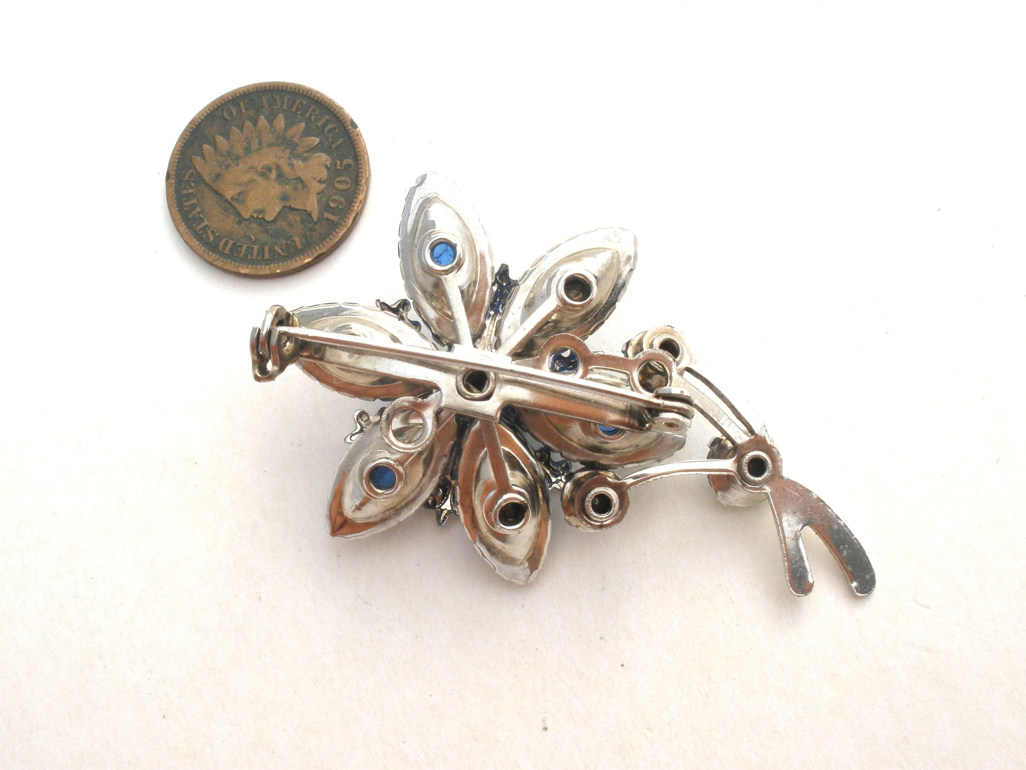 Blue Rhinestone Flower Brooch Pin Vintage