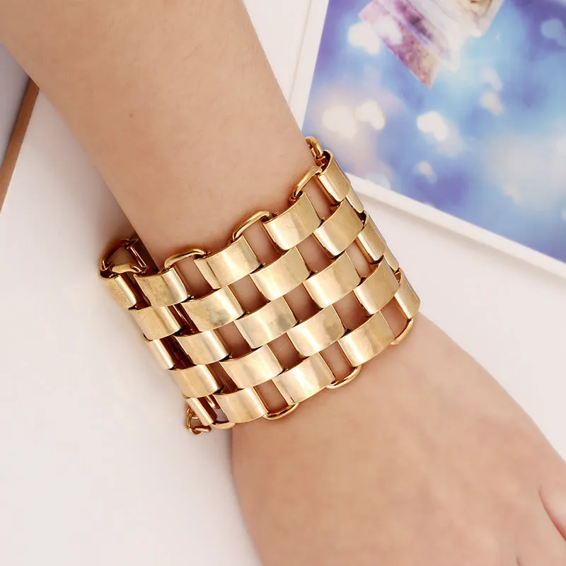 Bohemian Style Link Statement Shiny Sand Blast Wide Cuff Bracelets for Women