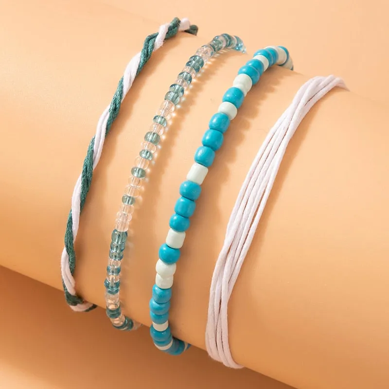 Boho Handmade Shell Seed Beads Anklet Set