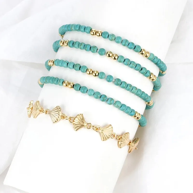 Boho Handmade Shell Seed Beads Anklet Set