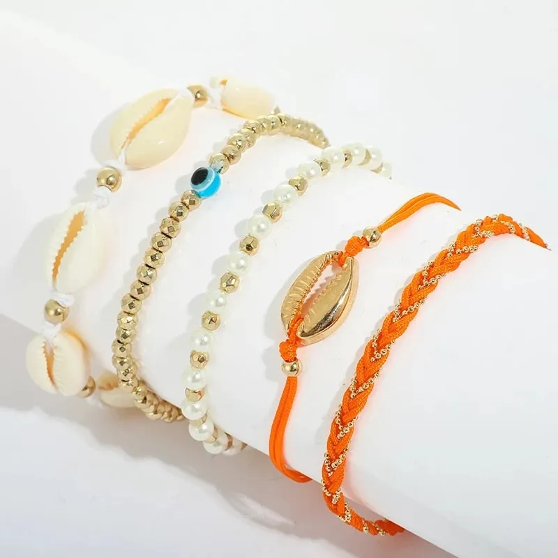 Boho Handmade Shell Seed Beads Anklet Set