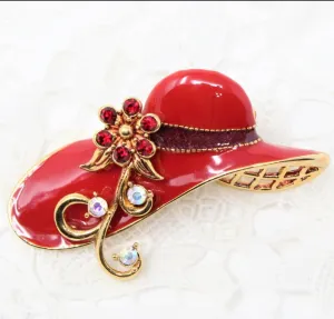 Brooch / Pin, Avon, Red Hat Enamel, Aurora Borealis Rhinestones, Gold Tone