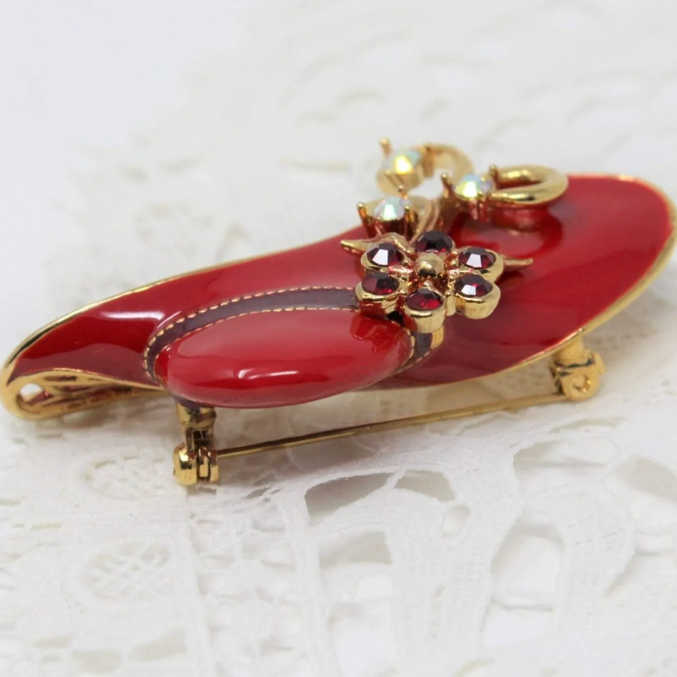 Brooch / Pin, Avon, Red Hat Enamel, Aurora Borealis Rhinestones, Gold Tone