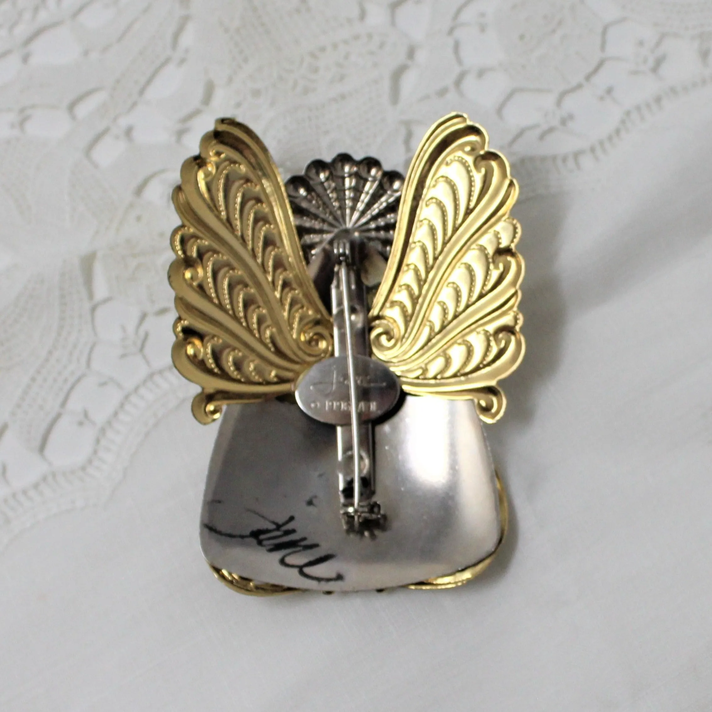 Brooch / Pin, Jane Davis AOL, Angel Gold & Silver with Pearl & Rhinestone, Signed, Vintage